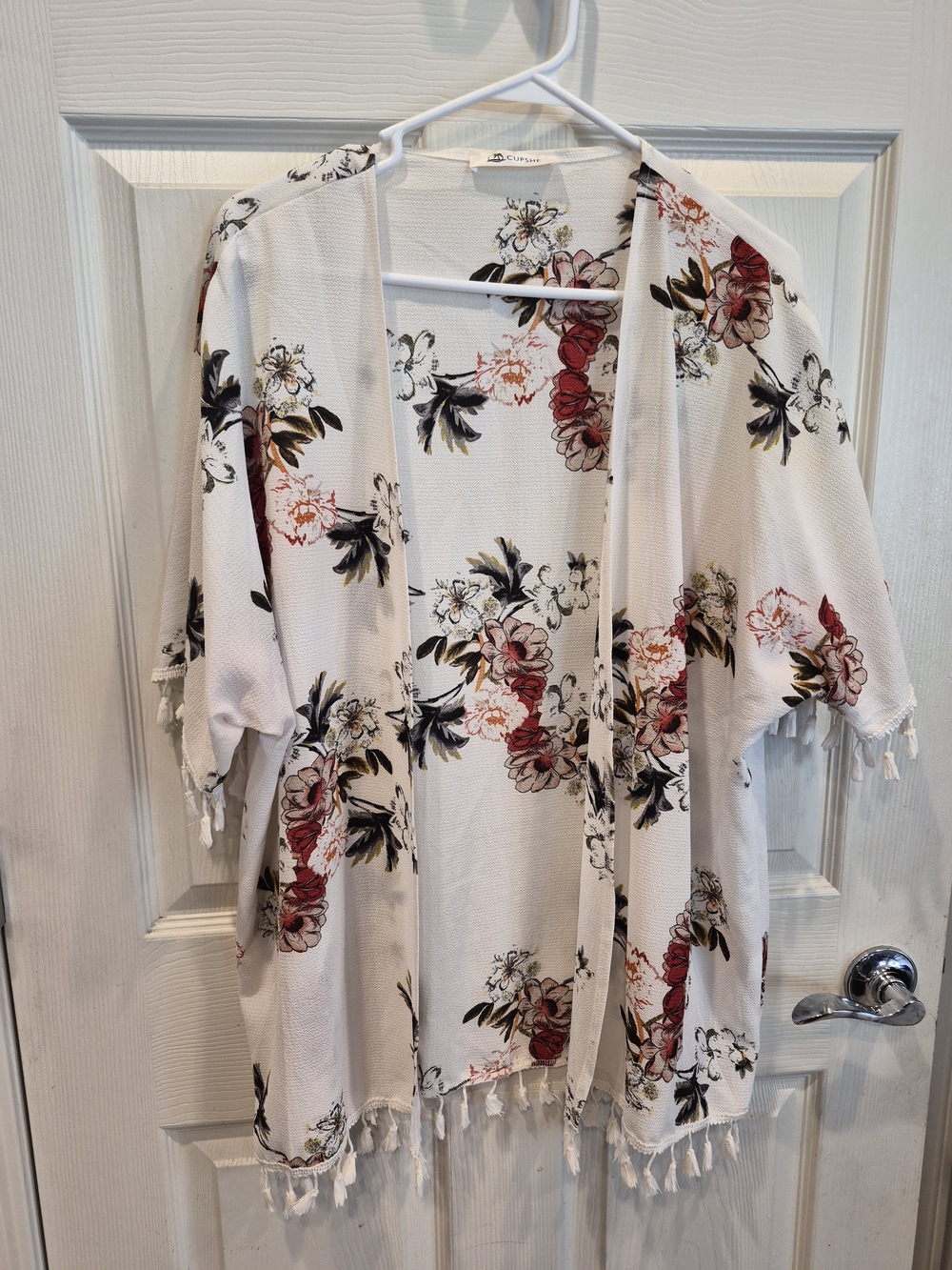 5/25 Floral Open-Front Kimono Cardigan - White with Red Floral